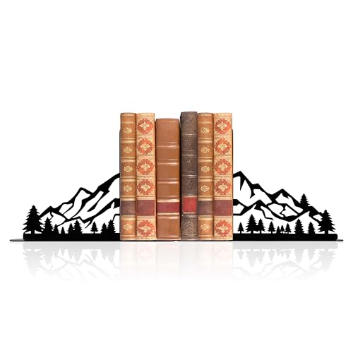 Mountain and Pine Tree Metal Bookends, Cabin Decor, Mountain Decor, Unique Bookends, Decorative Bookends for Home Farmhouse Office Desk Shelf Bookshelf Rustic Room Decor(Tree)