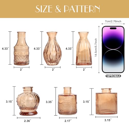 Petal Petite Glass Vase Set of 6 Small Amber Glass Bud Vases, Mini Vintage Flower Vases for Wedding Centerpieces & Table Décor, Champagne Vases in Bulk for Single Stem, Home and Office Decor - color: Amber