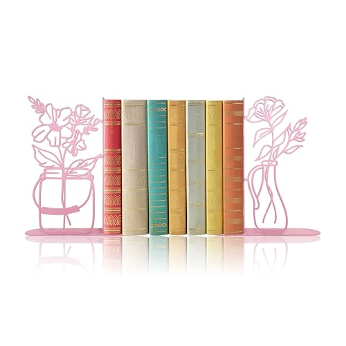 Metal Flower Vase Bookends, Cute Book Ends for Office Home Decor Decorative BookEnds for Shelves, Ideal Gift for Book Lovers(Pink) - color: Pink