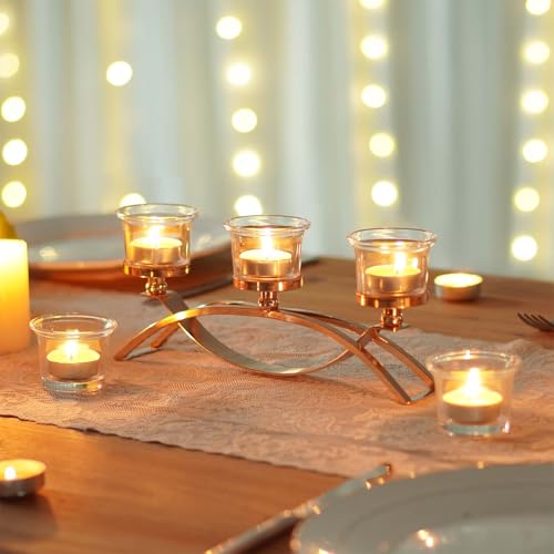 3-Arm Metal Tea Light Candle Holder Set with 5 Glass Cups, Votive Candle Holders Centerpiece Candelabra for Wedding Table Decor, Home Gatherings and Holidays (Gold, 5 Cups) - color: Gold, size: 5 Cups