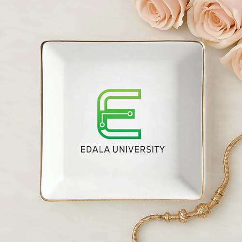 Personalized University Logo Ring Dish, Custom School Branding Ceramic Jewelry Tray, Square Round Heart Trinket Dish with Gold Rim, Elegant Desk Vanity Keepsake for Students Staff Alumni - color: Design 2