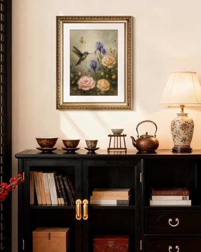 HUARCEY Vintage Floral Bird Painting Canvas Wall Art 13x16, Classic Botanical Hummingbird Flower Gold Framed Print, Elegant Traditional Cottage Farmhouse Living Room Bedroom Home Decor - color: Hummingbird Rose, size: 16"L x 13"W