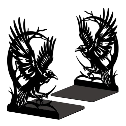 Peacoblue Metal Bookends for Shelves, Modern Decorative Heavy Duty Study Book Ends Stoppers for Office, Desk, Shelf, Room 5.3"x4.3"x7.9" Cast Iron Simple Tall Bookends 1 Pair (Moon and Crow) - style: Moon and Crow