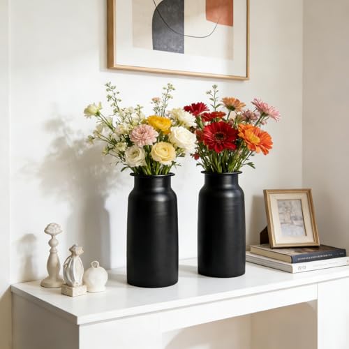 Set of 2 Black Seamless Wide Mouth Metal Flower Vase, 10.8" Tall Modern Matte Black Floral Vase Pair, Shatterproof Leakproof, Industrial Home Decor Centerpiece for Table, Mantle, Shelf - color: Black
