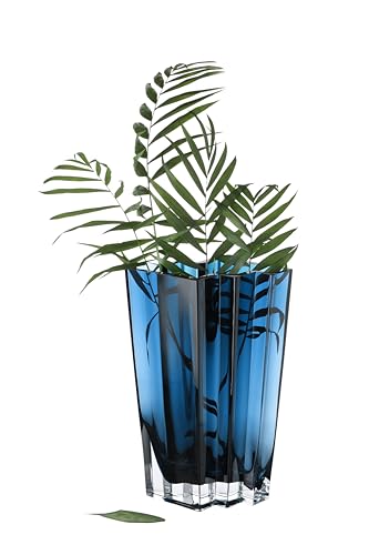 Glass- Vase - Blue - Teal - Chevron Design - 11" Height - Heavy Durable - Made in Europe - by Barski