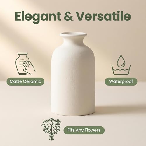 White Ceramic Bud Vase Minimalist Small Flower Vases Floral Arrangement Holder Bottle for Home Office Decor