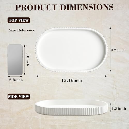 Leinuosen Decorative Concrete Tray with Scalloped Edge, Oval Serving Tray for Coffee Table, Ottomans, Living Room, Nightstand, Modern White Home Decor, 15.16" x 9.25"