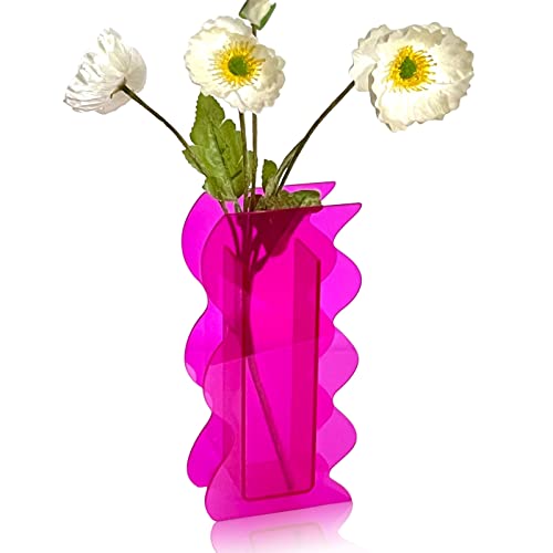 Hot Pink Acrylic Vase, 8-Inch Wave Shaped, Modern Centerpiece, Home Office Decor - color: Hot Pink