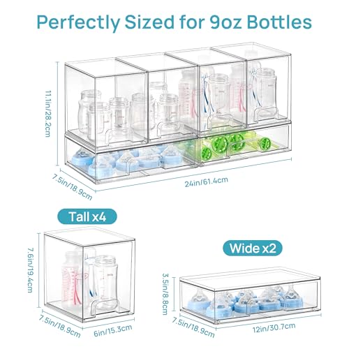 Vtopmart 6 Pack Clear Baby Bottle Organizer Set, Stackable Storage Drawers Ideal for Kichen Countertop, Vanity, Bathroom, Cabinet, Pantry Organization - style: 4 High+2 Wide