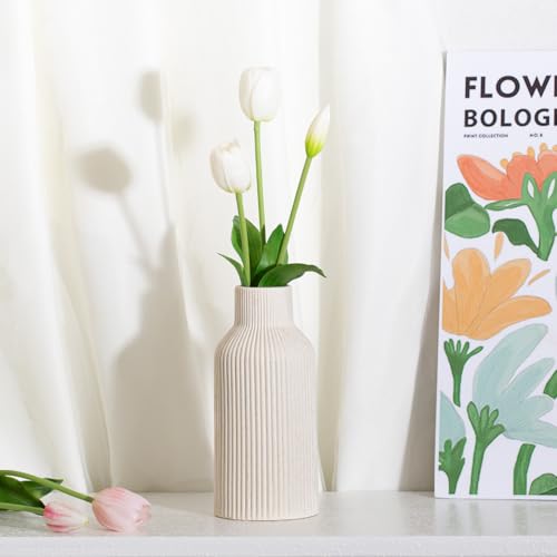 Bohemian Beige Ceramic Vase - for Pampas Grass, Mantel, Bookshelf, Entryway and Living Room Decor (Beige, 8in) - color: Beige, size: 8in
