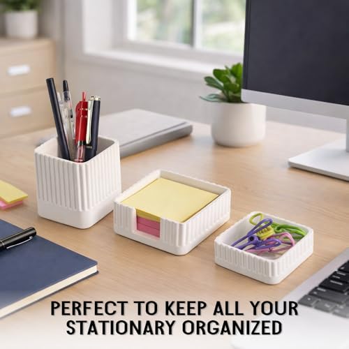 Desk Organizer Set of 3 for Office Accessories - Includes Pen Holder, Paperclip Storage, and Sticky Note Holder - Aesthetic Concrete Desktop Accessories for Women or Men, Office Decor (White) - color: White