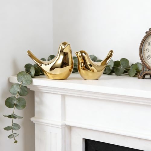 2 Pieces Decor Ceramic Bird Figurines Small Bird Statues Home Decorative Modern Style Figurine Decor for Living Room,Bedroom,Desk,Bookshelf,Shelf,Coffee Table, Fireplace Mantel (Gold) - color: Gold