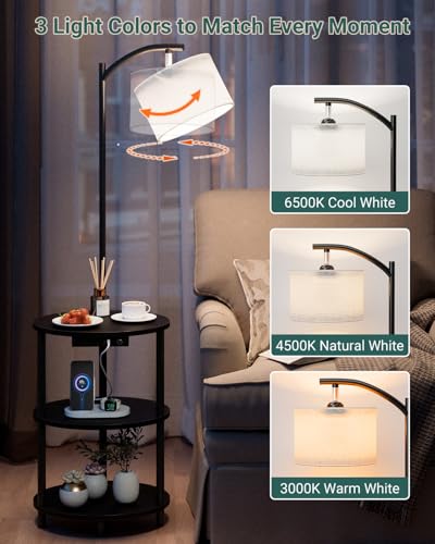 Round Side Table with Lamp and USB Ports, 3-Tier Small End Table for Living Room & Bedroom, Rustic Wood Metal Nightstand for Small Spaces, Easy to Assemble, Charcoal Wenge - color: Charcoal Wenge, size: 1-Pack, style: Built-in Charging + Lighting