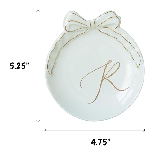 COLLECTIVE HOME - Personalized Initial Ceramic Jewelry Tray with Bow, Christmas Gift Ideas for Women, Small Gift for Girlfriend Wife, Ring Holder, Earrings Dish, Birthday Gift for Her (R) - color: R