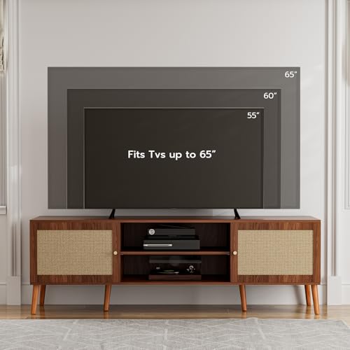 ZttRiee TV Stand for TVs up to 65'', Entertainment Center With Rattan Door, Shelves & 2 Cabinets, Long Boho Media Console for Living Room, Walnut - color: Walnut