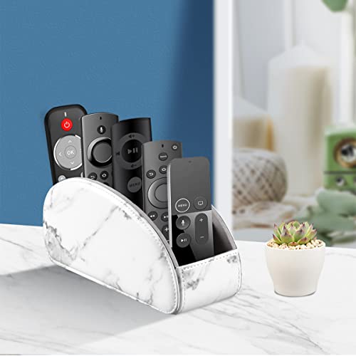 All-in-One Leather White TV Remote Holder for Remote Conrtols with 5 Compartments Nightstand Desktop Media Player Remote Caddy Storage Box Organizer Tray for Mobile Office Stationery Phone Controller - color: Marble White, size: Small