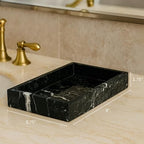 Bey-Berk Ezra Black Zebra Marble Guest Towel Tray – Rectangular Bathroom Vanity Organizer for Countertop Storage - color: Black