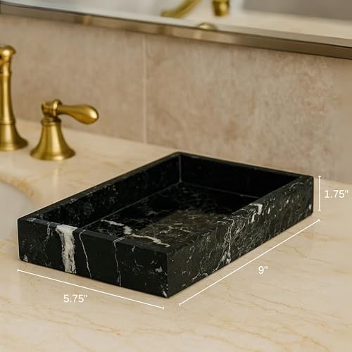 Bey-Berk Ezra Black Zebra Marble Guest Towel Tray – Rectangular Bathroom Vanity Organizer for Countertop Storage - color: Black