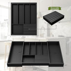 Bamboo Kitchen Silverware Drawer Organizer - Expandable Wood Utensil Holder with Dividers, Luxury Cutlery Storage Tray for Kitchen Utensil and Flatware (5-7 Slots with Removable Knife Block, Black) - color: Black