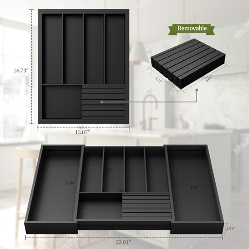 Bamboo Kitchen Silverware Drawer Organizer - Expandable Wood Utensil Holder with Dividers, Luxury Cutlery Storage Tray for Kitchen Utensil and Flatware (5-7 Slots with Removable Knife Block, Black) - color: Black