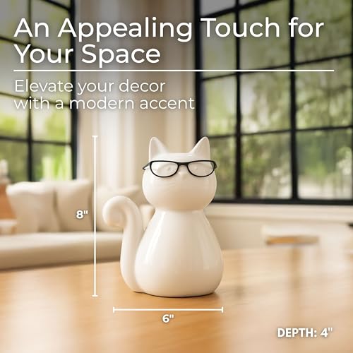 Ceramic Cat Figurine Sculpture – White Porcelain Stoneware Statue with Modern Glam Minimalist Design – Home Decor Accent for Bookshelf, Coffee Table, Bedroom, Office & Living Room – 8", White - size: 8.0" H