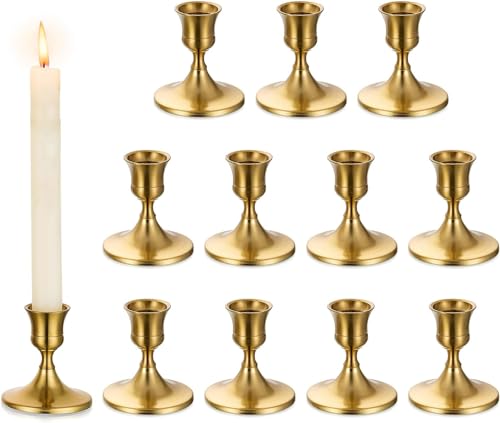 Romadedi Gold Candlestick Candle Holders for Taper, 12 PCS Gold Brass Color Candle Stick Candle Holder for Table Centerpiece, Wedding Reception, Festive Christmas Mantel Decoration or Home Decor - color: Brass-1, size: 12 pcs