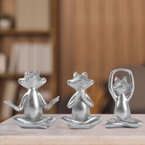 Suoedd Silver Frog Figurines Yoga Decor Set of 3 –Frog Yoga Statues for Modern Living Room Table Office Bookshelf Shelves Home Sculptures Decor, for Mom Dad Women - color: Silver Frog-3