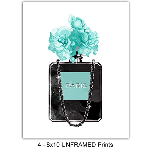 Blue Glam Wall Art - Designer Perfume, Shoes, Handbags - High Fashion Design Gift for Fashionista - Luxury Couture Wall Decor Poster Print Picture Set for Women, Girls Bedroom, Teens Room - size: 8x10