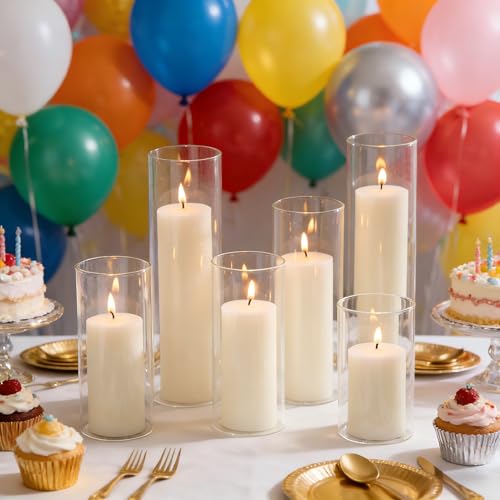 12PCS Hurricane Candles Set with Glass Cylinders – White Unscented Pillar Candles in Glass, 3 Size Mixed Glass Pillar Candle Holder, Windproof Elegant Table Centerpiece for Home, Wedding, Party Decor