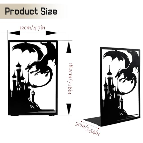 Gothic Dragon Bookends, Black Metal Castle Design, 7.1 x 4.7 Inch, Decorative Book Holders with Non-Slip Base, 2 Piece Set
