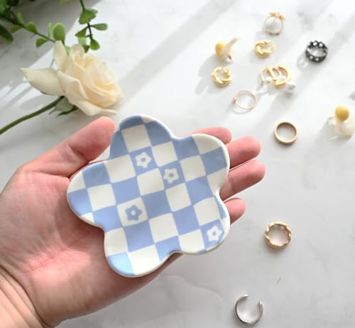 Teen Girls Gifts Trendy Stuff Aesthetic Room Decor Bedroom Decor Aesthetic Preppy Room Decor Aesthetic Stuff Checkered Jewelry Tray, Blue - style: Blue Checkered and Flower