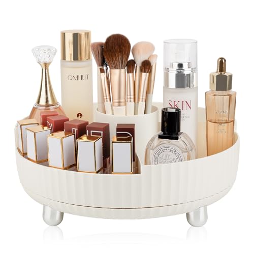 Anyoifax Makeup Perfume Organizer Tray with Divider 360 Degree Rotating Lazy Susan Skincare Lotion Organizer Spinning Cosmetics Storage for Dresser, Vanity, Bathroom Countertop, Large Beige - color: Beige+ Divider, size: 11 "