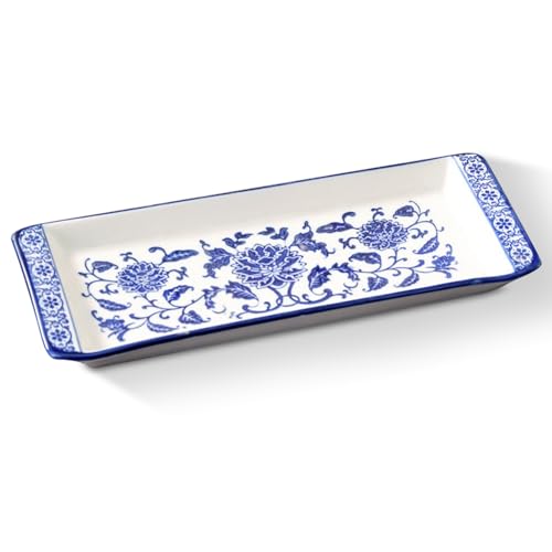 11" Blue and White Porcelain Serving Tray, Blue and White Decor Elegant Coffee Table Tray, Handcrafted Coffee Table Tea Tray Decor, Ceramic Small Tray for Kitchen Sandwich Snack Appetizer Dessert