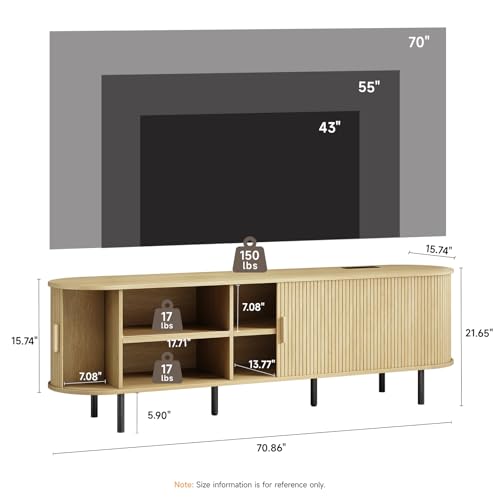 70.8" TV Stand with Power Outlet, Mid-Century Modern Television Stand, Fluted Media Console with Sliding Doors, Entertainment Center for TVs up to 60 Inch, Adjustable Shelves, Oak - color: Oak, size: 70.8 Inch