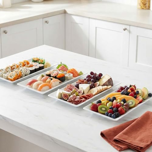 12" Serving Platters Set of 4, White Rectangular Plates, Ceramic Serving Tray, Stackable Large Party Plates for Appetizer, Dessert, Steak, Sushi, Housewarming Gift, Oven Dishwasher Safe - color: 12inch