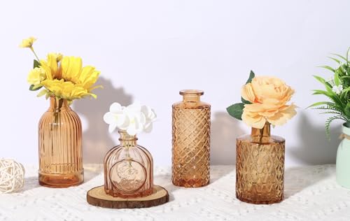12 Pack Amber Gold Glass Bud Vase Set, Small Vintage Vases for Centerpieces, Decorative Flower Vases for Wedding Home Table Decor - color: Amber, size: 12pcs