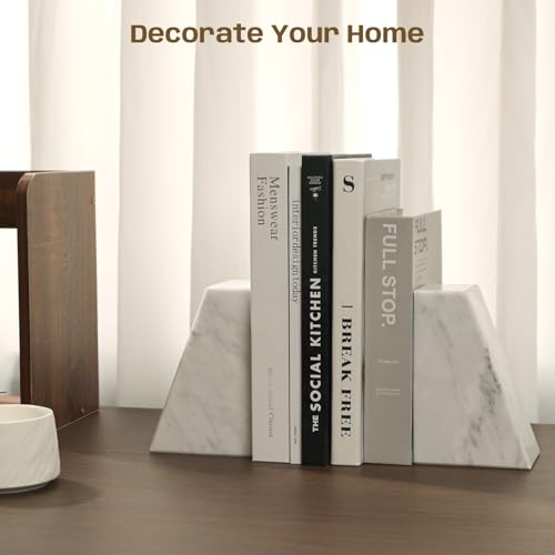 Marble Bookends for Shelves, Decorative Book Ends, 10lbs Heavy-Duty Marble Book Holders, Stone Bookshelf Decor, Carrara White - color: Carrara White, size: 10LB
