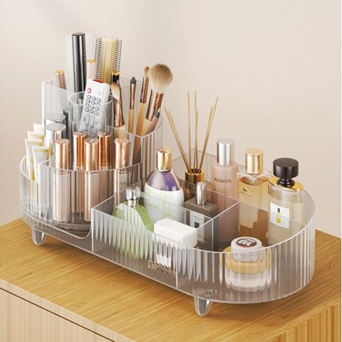Rotating Makeup Organizer for Vanity with Brush Holder, Cosmetic Makeup Storage Organizer, Large Spinning Makeup Skincare Organizer, Countertop Makeup Perfume, Lotions Display Case (Transparent) - color: Transparent