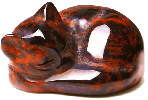 QINJIEJIE Red Obsidian Cat Crystals Decor Sleeping Cat Statue Healing Stone Decor Pocket Polished Gemstones Figurine Office Room Home Desk Decors Cute Gem Gifts for Women Men Stocking Stuffers - color: F-red-red Obsidian, size: 1.5 inches