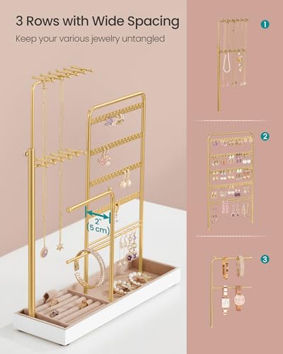 SONGMICS Jewelry Holder, Jewelry Storage Organizer Stand with Metal Frame, Velvet Tray, 12.1 to 18.7 Inches Tall Height Adjustable Necklace Holder, for Rings, Earrings, Pale Gold UJJS026A01 - color: Pale Gold