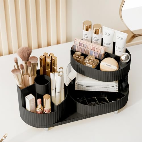 Rotating Vanity Organizer with Brush Holder and Drawer, 3 Layer Cosmetic Skincare Storage, Large Countertop Makeup Perfume & Lotions Display Case (Black) - color: 3 Layer Rotating Makeup Organizer-Black