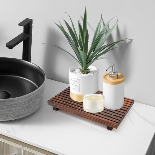 Renawe Farmhouse Bathroom Counter Tray Wood Display Pedesta Stand Kitchen Countertop Trays Decorative Wooden Riser Dish Soap Dispenser Holder for Bathroom Sink Accessories Kitchen Decor Vanity Tray - color: Brown, size: 12x6.7 inch