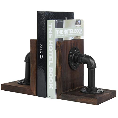 MyGift Book Ends Decorative, Bookends for Shelves, Metal Bookends for Heavy Books, Office Decor for Men, Wood Book Stopper, Realistic Industrial Pipe Design, Dark Brown - color: Dark Brown