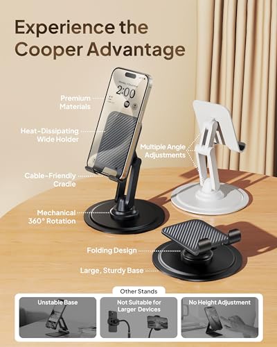 COOPER 360° Stand, [Gift Family Pack], Rotating Cell Phone Stand for Desk, Cell Phone Holder for Desk, iPhone Stand Holder, Sturdy Metal Base, Fits Samsung, Android Smartphones, (Cream White, 2-Pack) - color: x2 Pack - All White