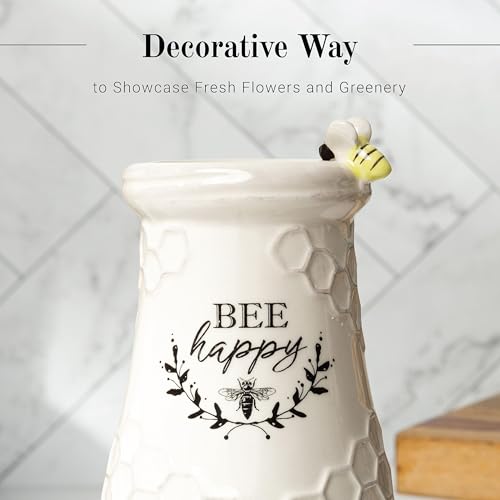 Young's Inc. Ceramic Flower Vase (Bee Happy) - White Ceramic Vase - Honeycomb Decor - 3" L x 3" W x 8" H Contains one Flower vase - color: Vase ("Bee Happy")