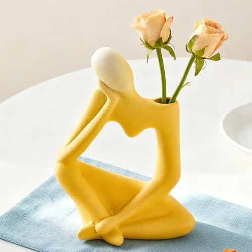 Arawat Ceramic Thinker Vase Yellow Flower Vase for Home Decor Modern Cute Boho Vases for Table Room Decor Unique Aesthetic Ceramic Decorative Vases for Centerpieces Birthday Gifts for Women Men - color: # B Yellow Ceramic Flower Vase for Home Decor