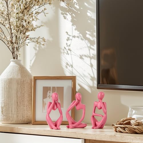 Pink Thinker Statue Set of 3 - Pink Statue Decor for Table, TV Stand, Shelf, Desk - Resin Figurines for Living Room, Minimalist Bookcase Decorative, Modern Sculpture, Home Accents - color: Pink