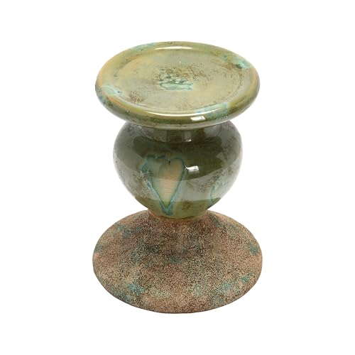 Creative Co-Op 2-Tone Sculptural Terracotta Pillar Candle Holder, Distressed Green - color: Green, size: 5.5" W x 6.5" H
