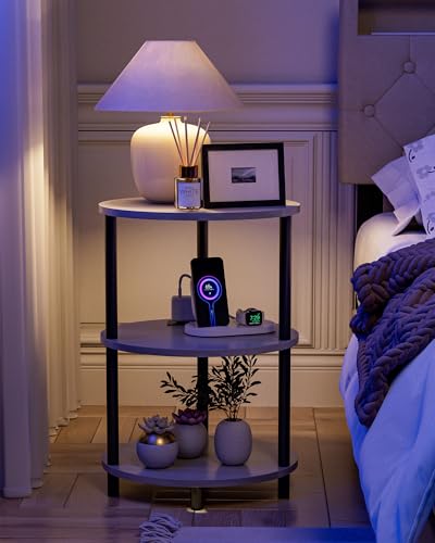 Small Round Side Table - 3-Tier Oval Accent Table for Small Spaces, Rustic Wood and Metal Nightstand for Living Room or Bedroom, Built-in USB Ports and Power Outlet, Greige - color: Greige, size: 1-Pack, style: Includes Power Outlets