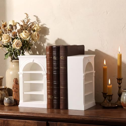 2 Pcs White Bookshelf Decorative Bookends 3D Printed Plastic Bookshelf Designed Decor Bookstopper for Book Lovers Blank Decorative Holder for Mini Book Home Office Decor